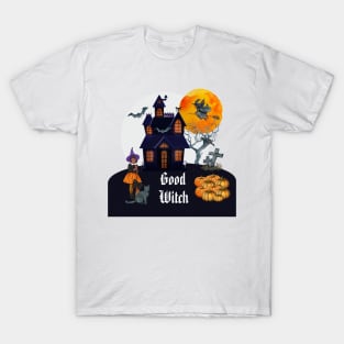 Spooky Halloween good witch and haunted house T-Shirt